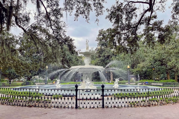 Forsyth Park fountain and Spanish moss Savannah Georgia