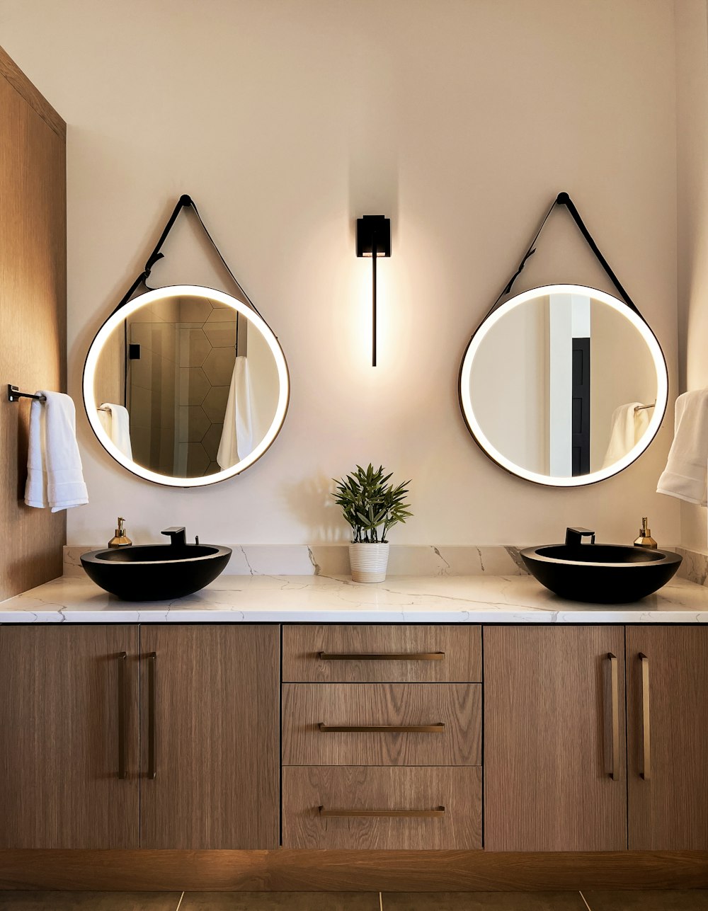 a bathroom with a large mirror