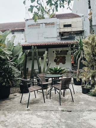 a table and chairs outside
