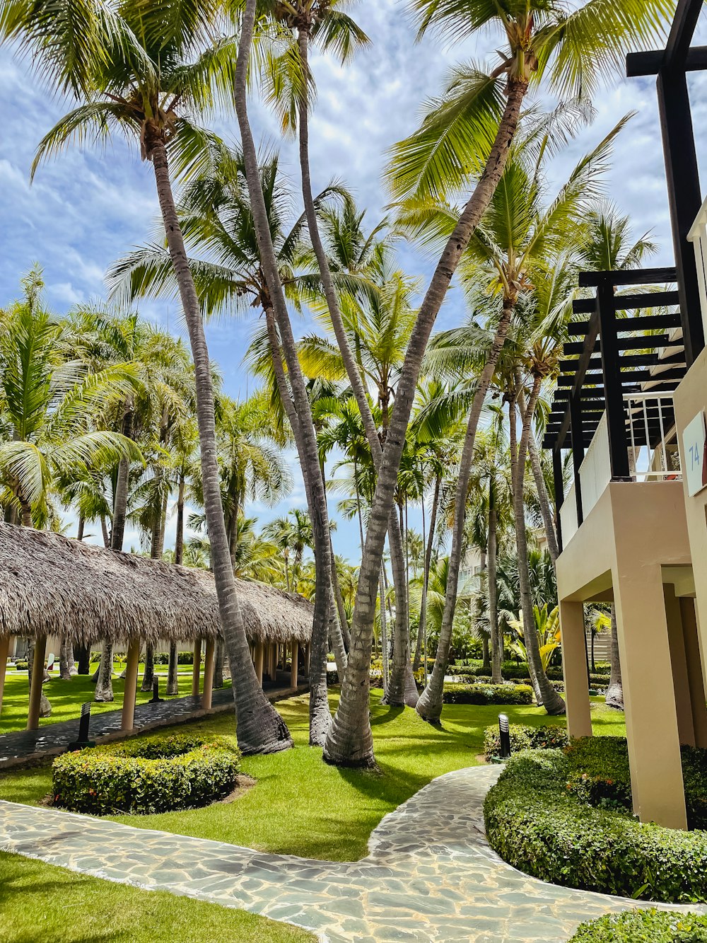 a building with palm trees and grass