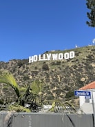 The iconic Hollywood sign is prominently displayed on a hillside with a clear blue sky in the background. In the foreground, palm leaves and a street sign labeled Deronda Dr are visible, adding a suburban touch to the scene.