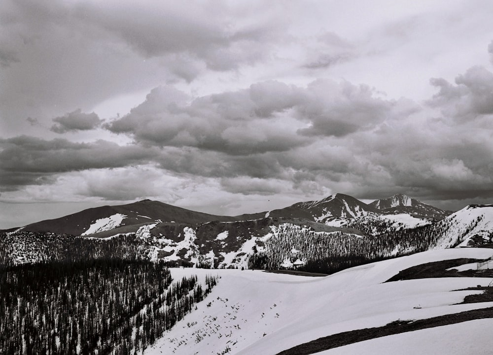 a snowy landscape with mountains in the background