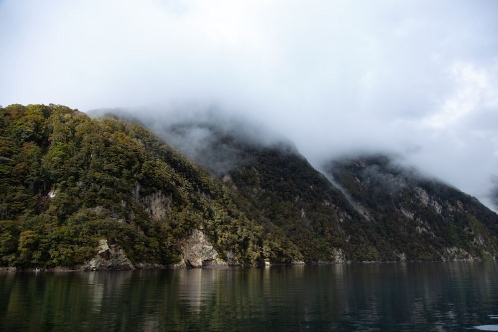 a body of water with trees and mountains in the background