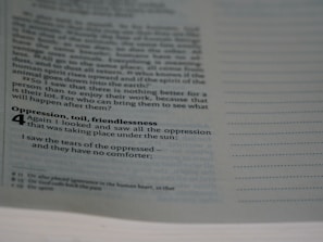 A page from a book featuring text in a serif font. The text includes a bold heading 'Oppression, toil, friendlessness,' followed by a verse numbered '4.' The words discuss themes of oppression and lack of comfort for the oppressed. The page has a serif, formal layout and empty lines on the right margin, possibly for annotations.