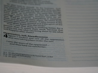 A page from a book featuring text in a serif font. The text includes a bold heading 'Oppression, toil, friendlessness,' followed by a verse numbered '4.' The words discuss themes of oppression and lack of comfort for the oppressed. The page has a serif, formal layout and empty lines on the right margin, possibly for annotations.