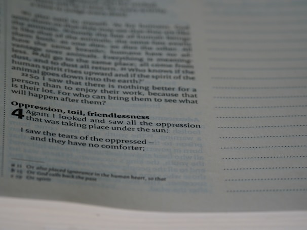 A page from a book featuring text in a serif font. The text includes a bold heading 'Oppression, toil, friendlessness,' followed by a verse numbered '4.' The words discuss themes of oppression and lack of comfort for the oppressed. The page has a serif, formal layout and empty lines on the right margin, possibly for annotations.