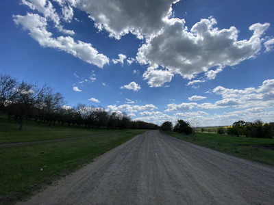 A peaceful rural lot with green pastures and a dirt road under a clear blue sky.