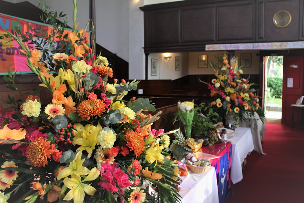 a room with many flowers