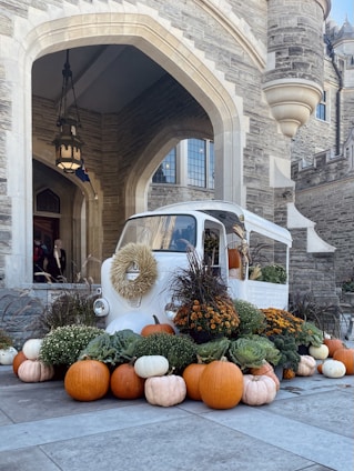 a car parked in front of a building with pumpkins in front