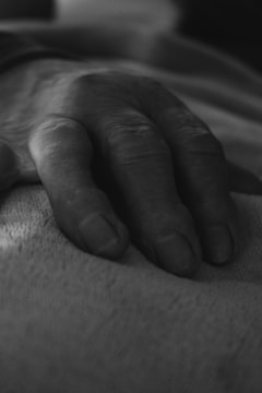 Close-up of a weathered hand holding an old photograph, the edges curled and faded.