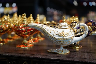 A whimsical illustration of a genie surrounded by enchanting products.