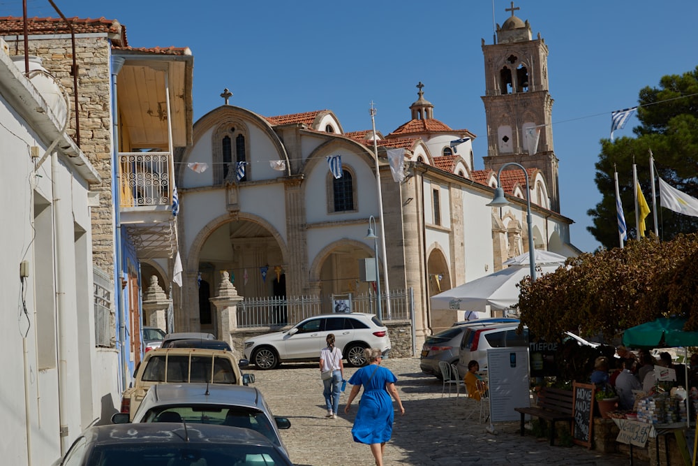 a group of people outside of a church