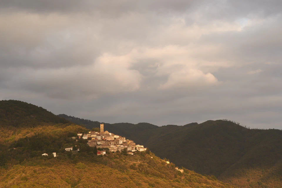 The image depicts a small town nestled on a hillside, surrounded by lush green trees and rolling hills. The town is characterized by white buildings with red roofs, creating a charming contrast against the natural landscape. The sky above is filled with clouds, casting a soft light over the scene. In the distance, a tower can be seen peeking out from behind the foliage.