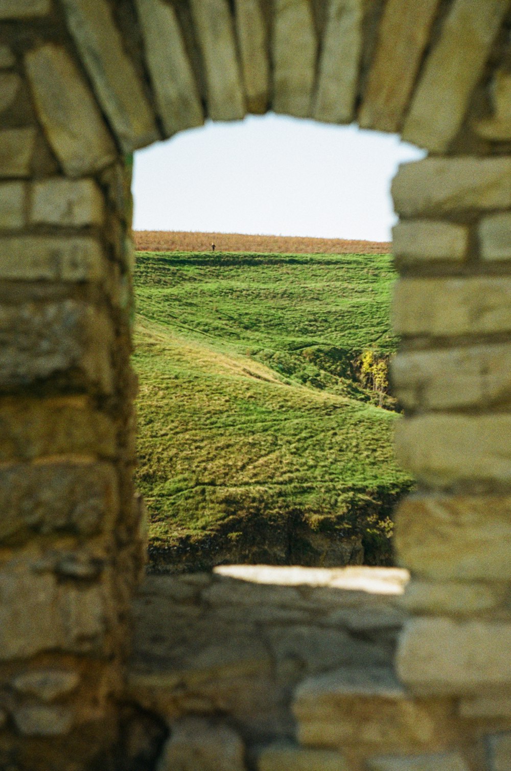 a stone archway with grass and rocks