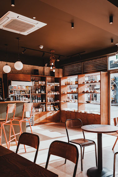 a room with tables and chairs