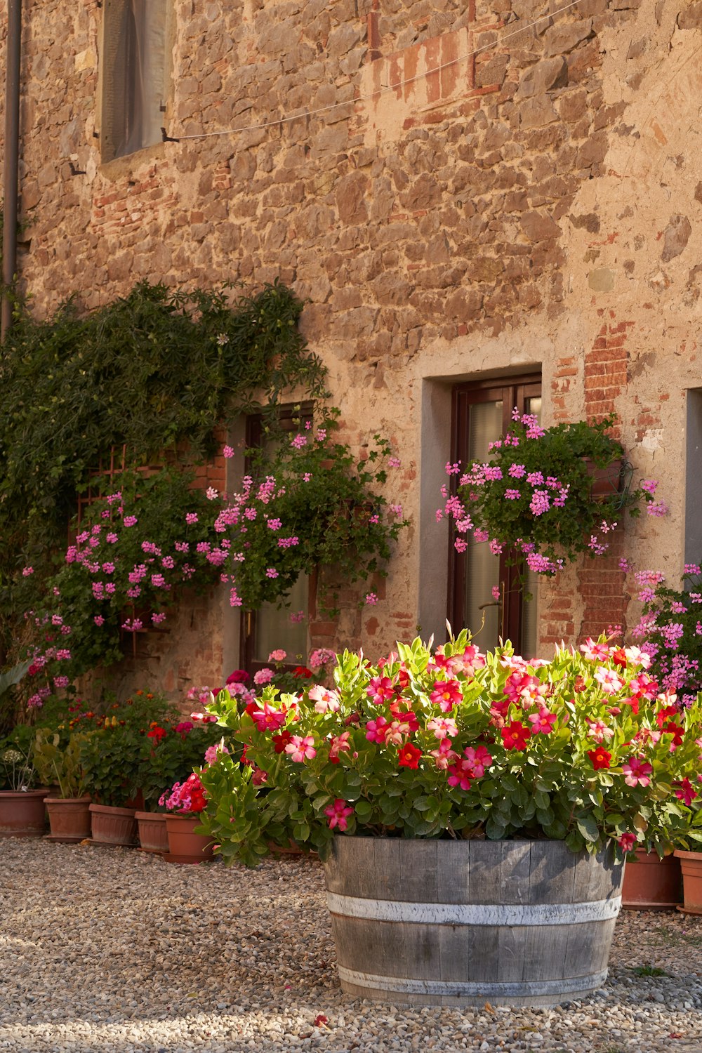 a pot of flowers in front of a brick building