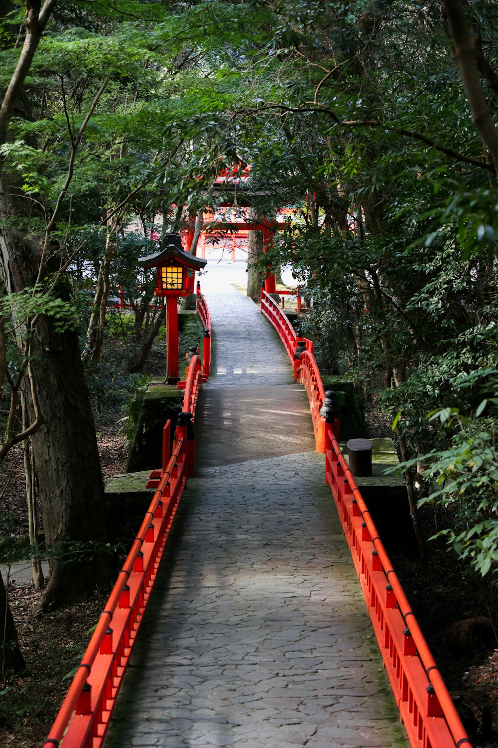 a path with red railings and trees on either side of it