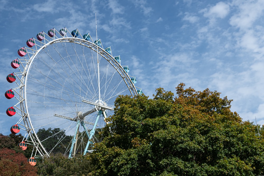 a ferris wheel with trees in the front