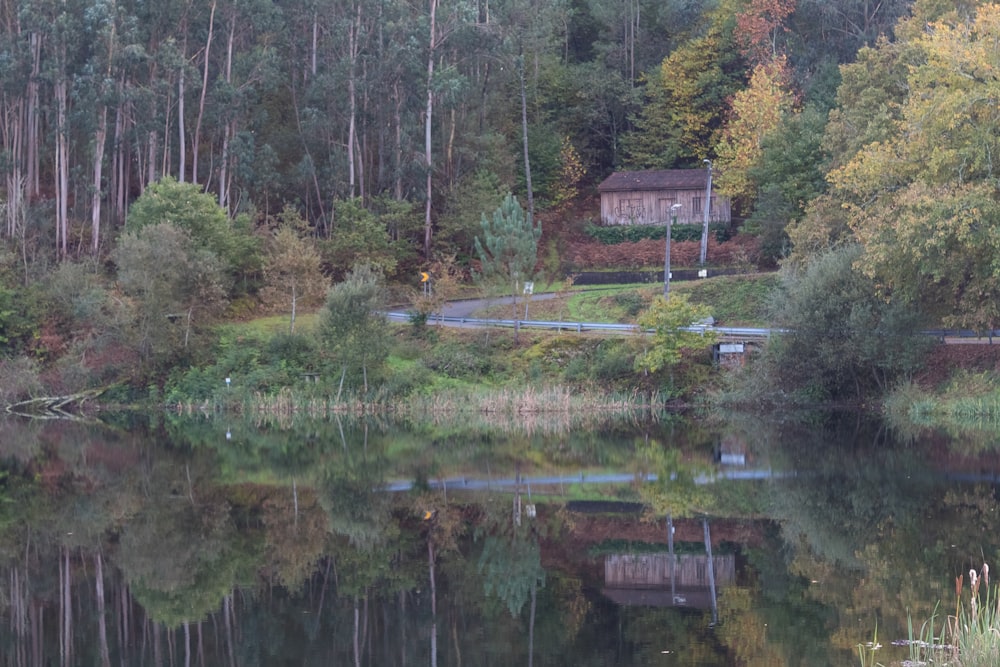 a house on a hill surrounded by trees and water