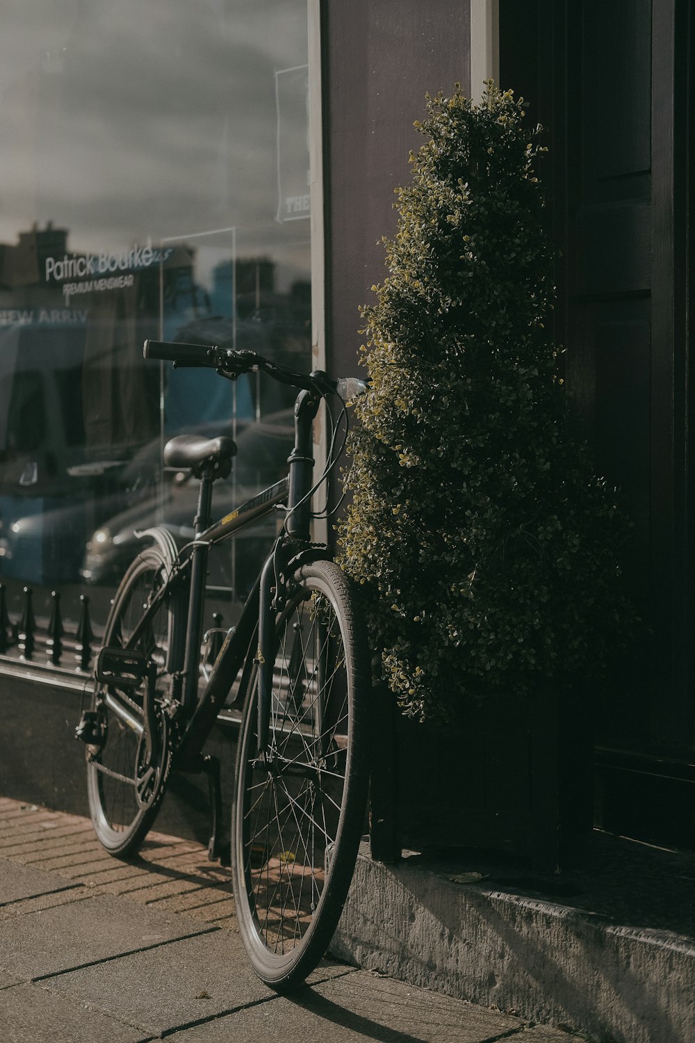 a bicycle parked outside a building