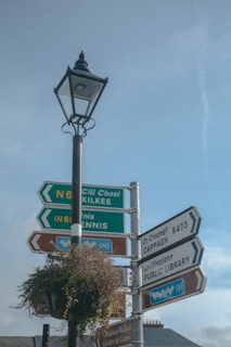 A tall lamppost stands prominently with multiple directional signs attached to it, pointing to various locations such as Kilkee, Ennis, Cappagh, and a public library. The signs are colorful, with green, brown, and white backgrounds, and are adorned with arrows indicating different directions. A hanging planter with greenery adds a natural element to the scene, and the sky is clear and blue, suggesting a calm day.