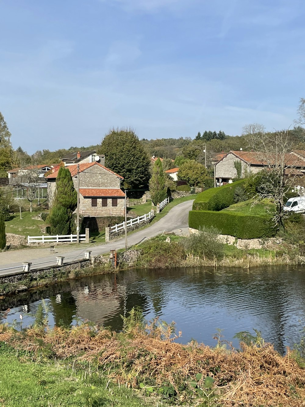 a small town with a pond