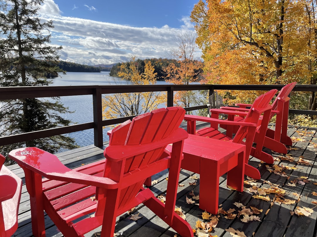 red chairs on a deck,
