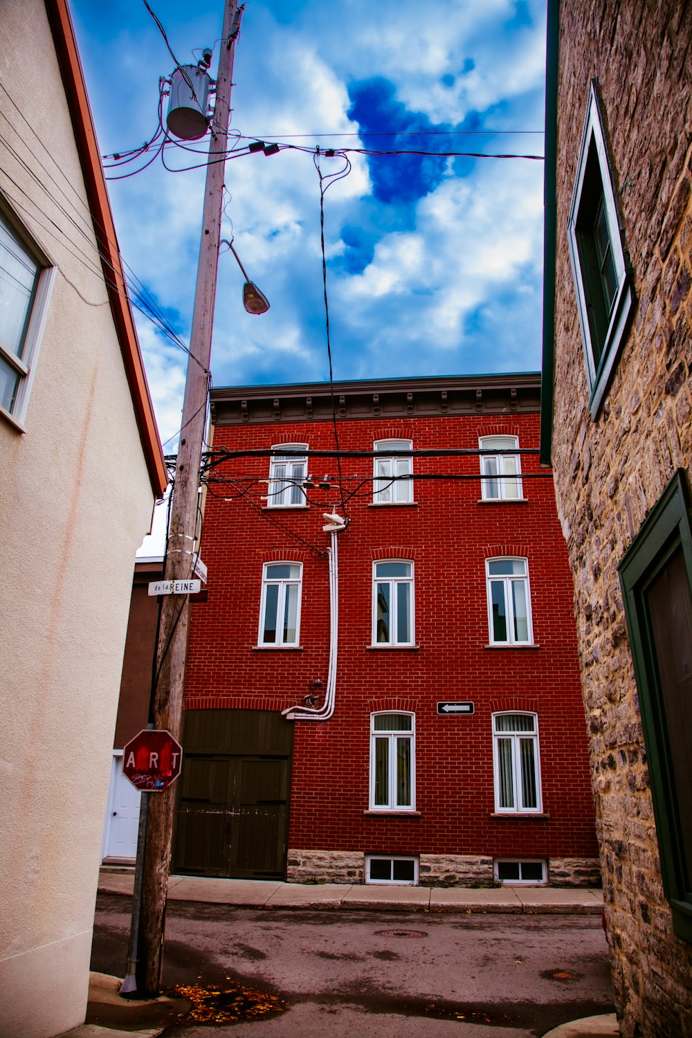 a building with a red sign