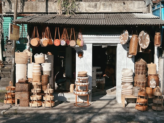 a shop with many bags of goods