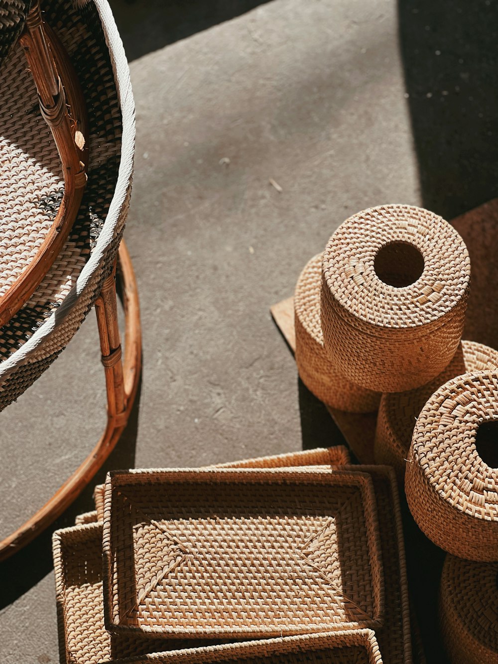 a group of woven baskets