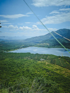 Aerial shot of the expansive Bauer Lakes reservoir surrounded by lush greenery.