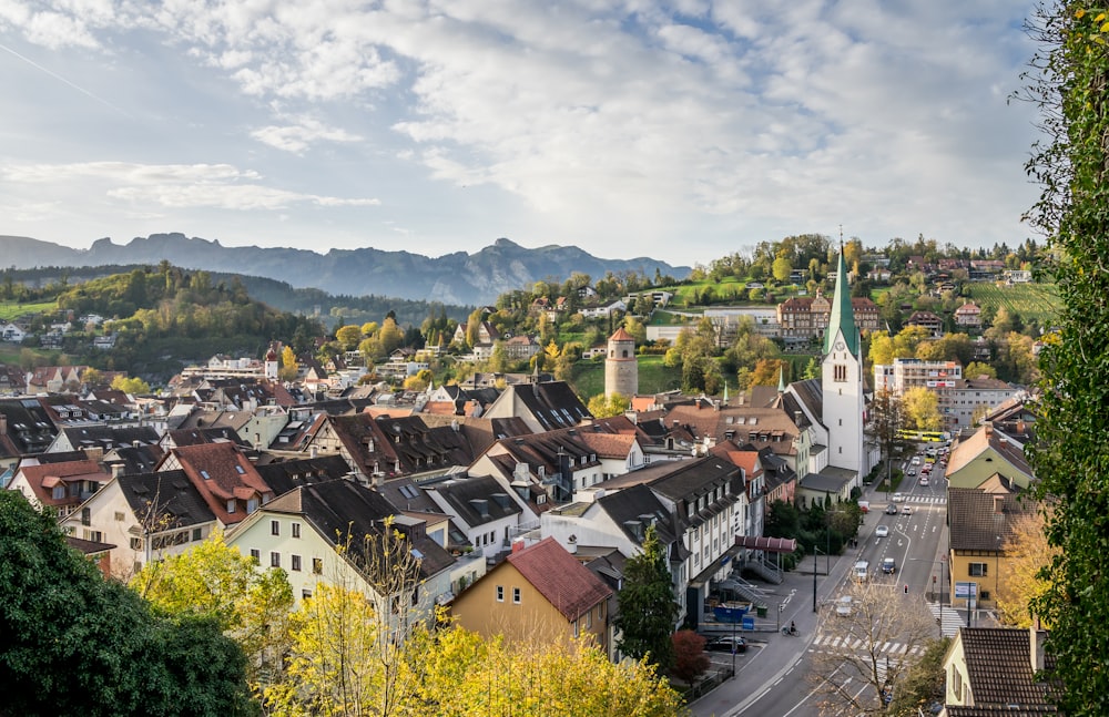 a city with many buildings and trees