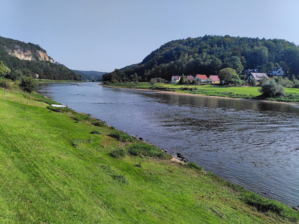 a river with grass and houses along it