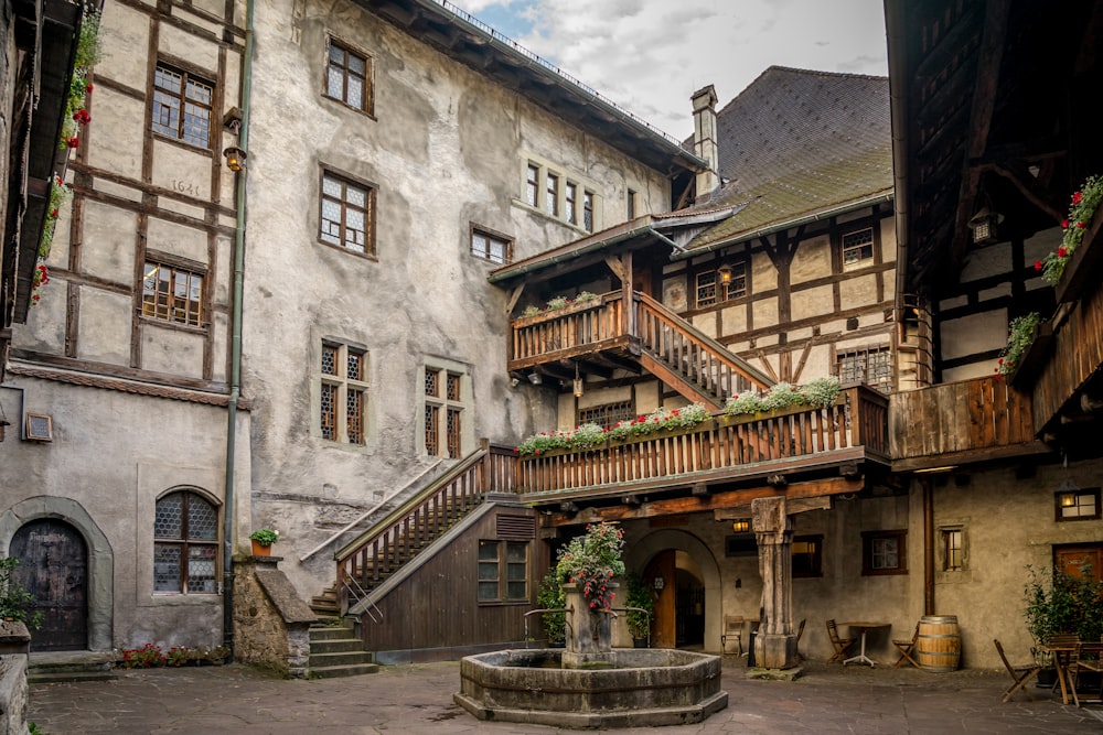 a courtyard with buildings around it