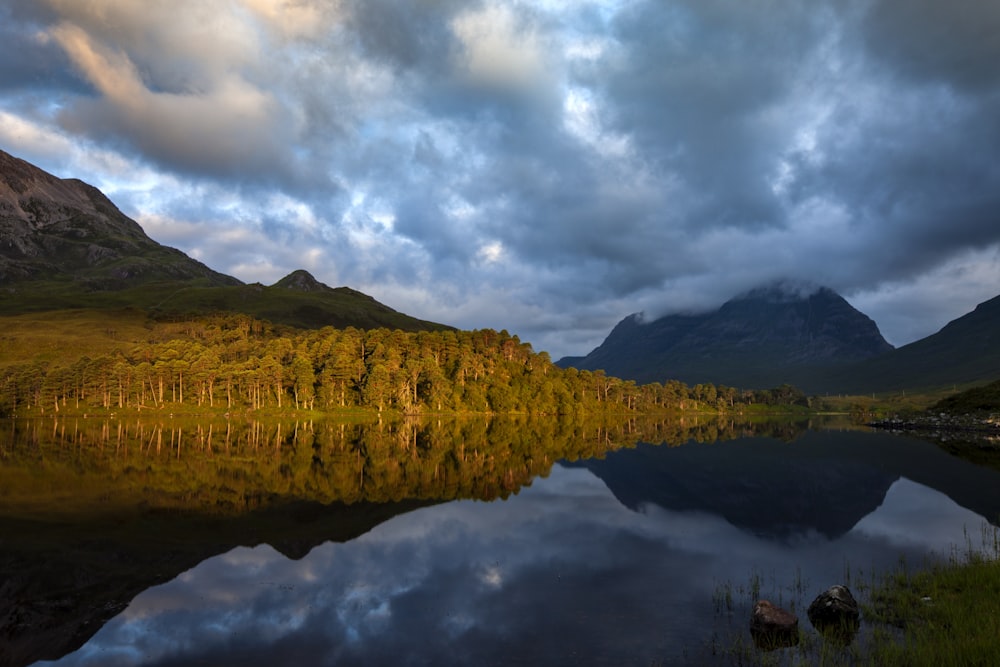 a lake surrounded by mountains