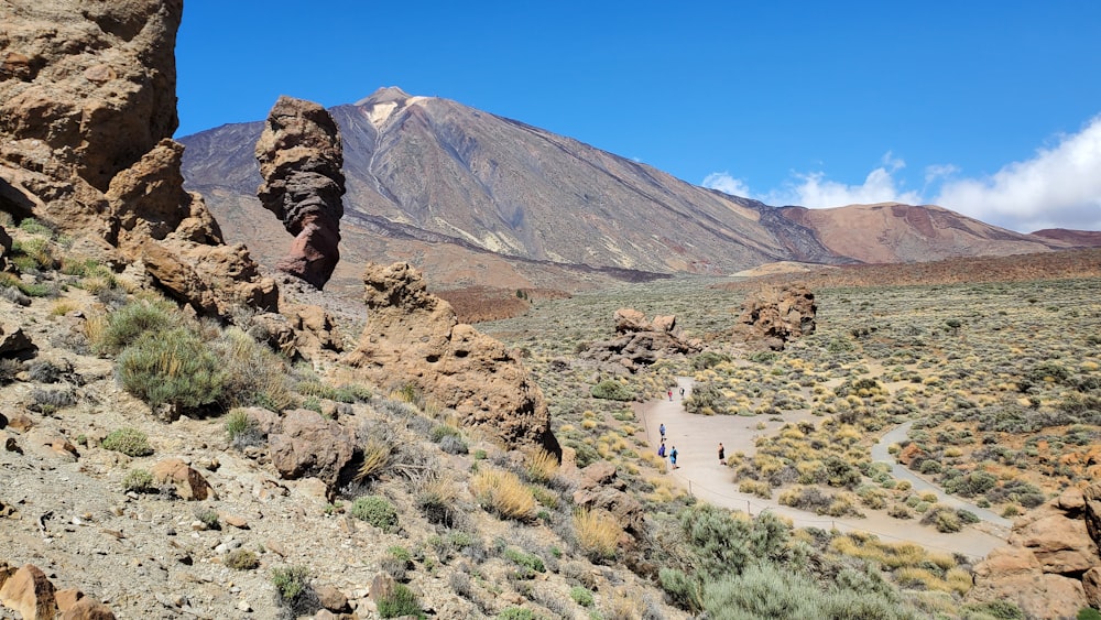 a group of people walking on a rocky terrain with Teide in the background