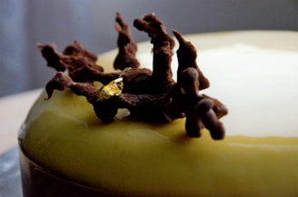 A close-up of an intricately decorated cake with a smooth, glossy surface. The cake features a unique decorative element made of chocolate, shaped like twisted branches, adorned with a glistening yellow sugar crystal.
