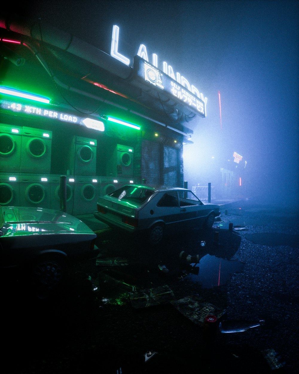 a group of cars parked in front of a building with lights