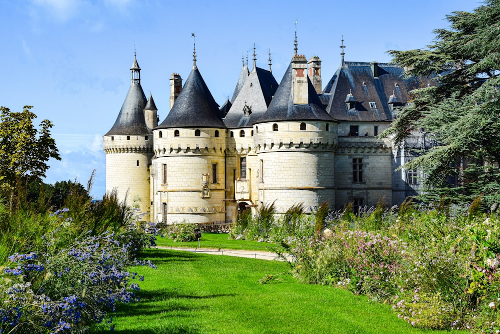 a castle with many pointed rooftops with Château de Chaumont in the background