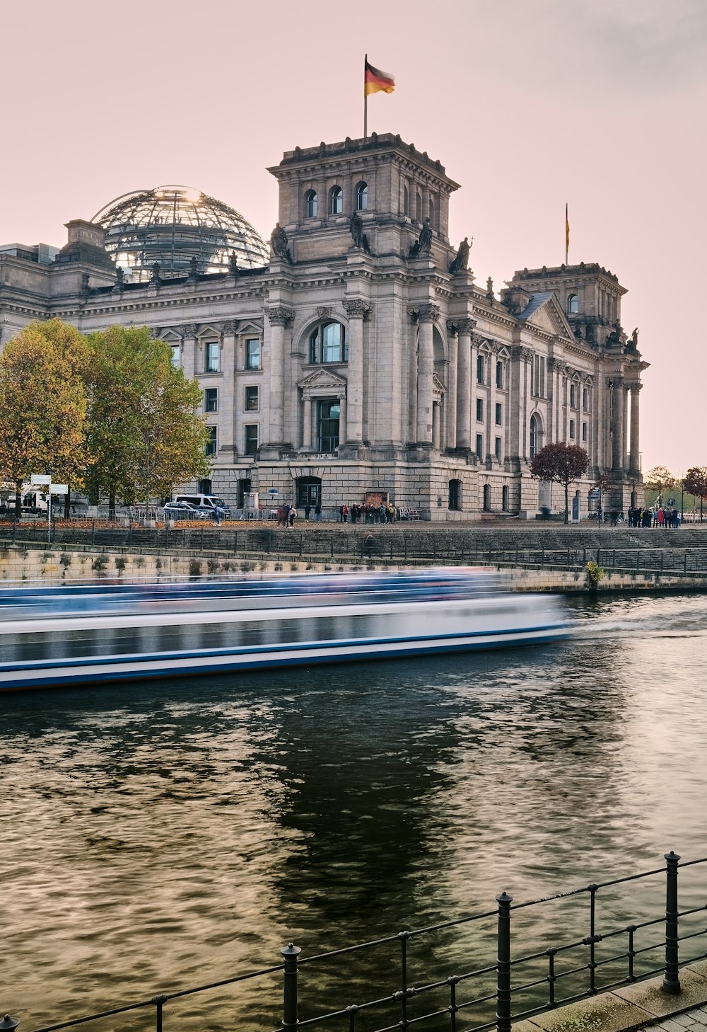 a boat in front of a building