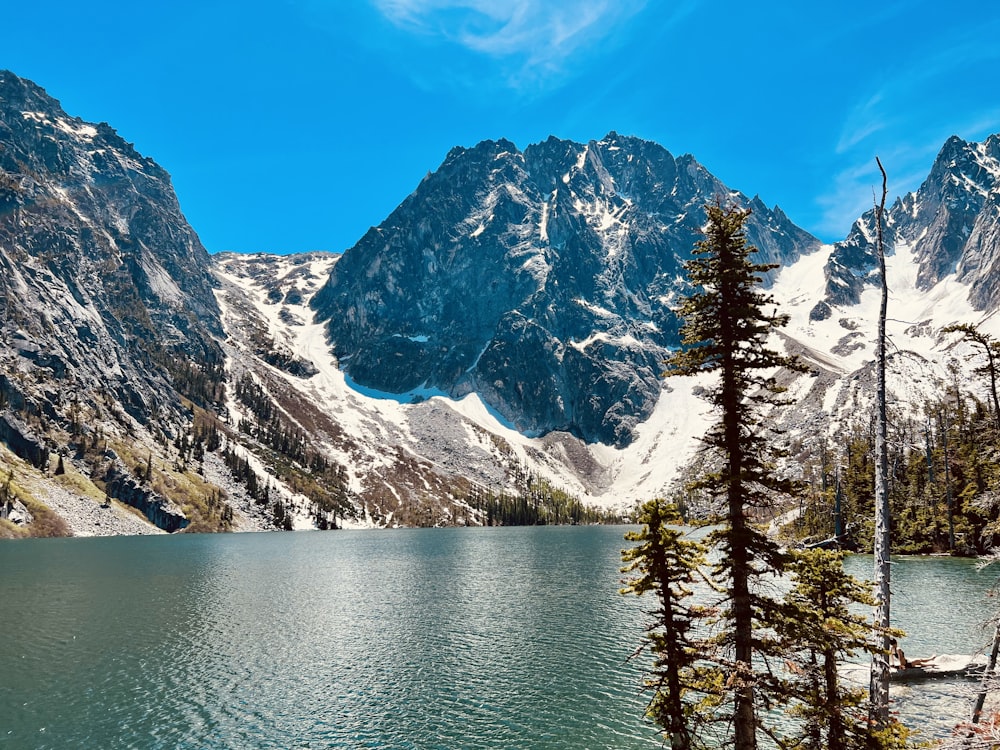 a lake with trees and mountains in the background