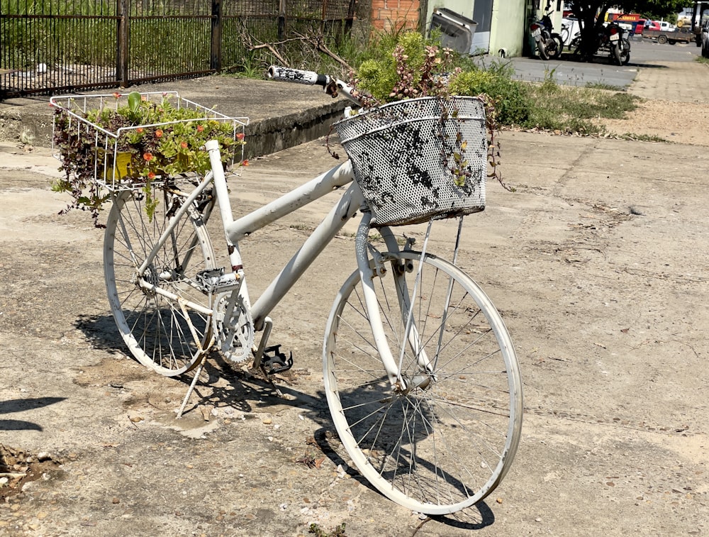 a bicycle with a basket on the front of it