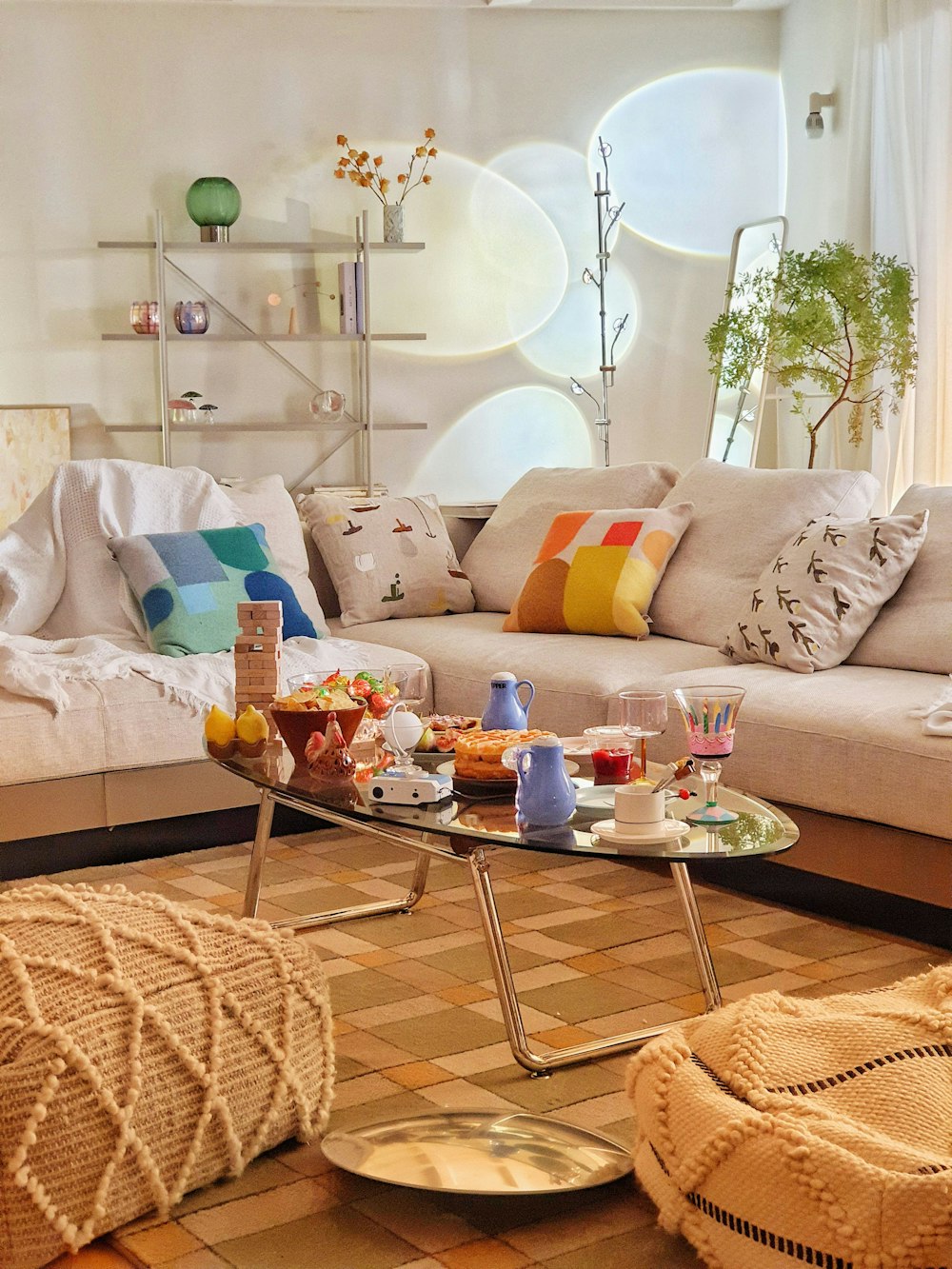 a living room with a couch and coffee table