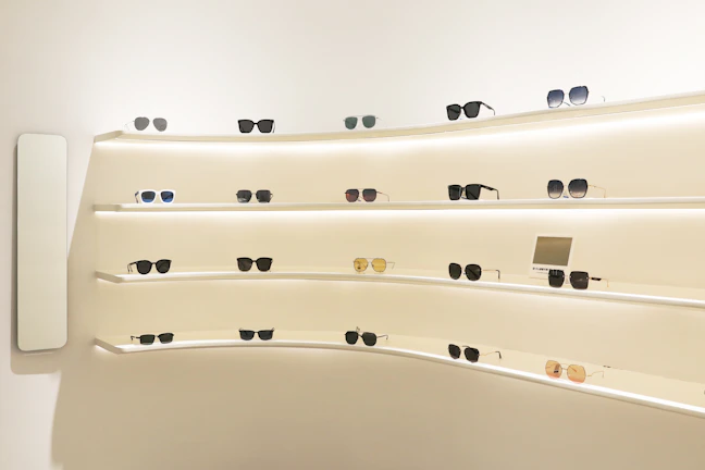 Geniş, modern showroom'da parlak ışıklar altında sergilenen gözlükler