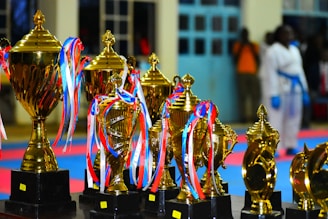 a group of vases sit on a table