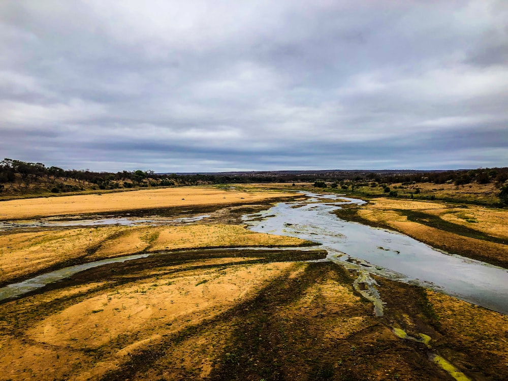 a river with a muddy bank