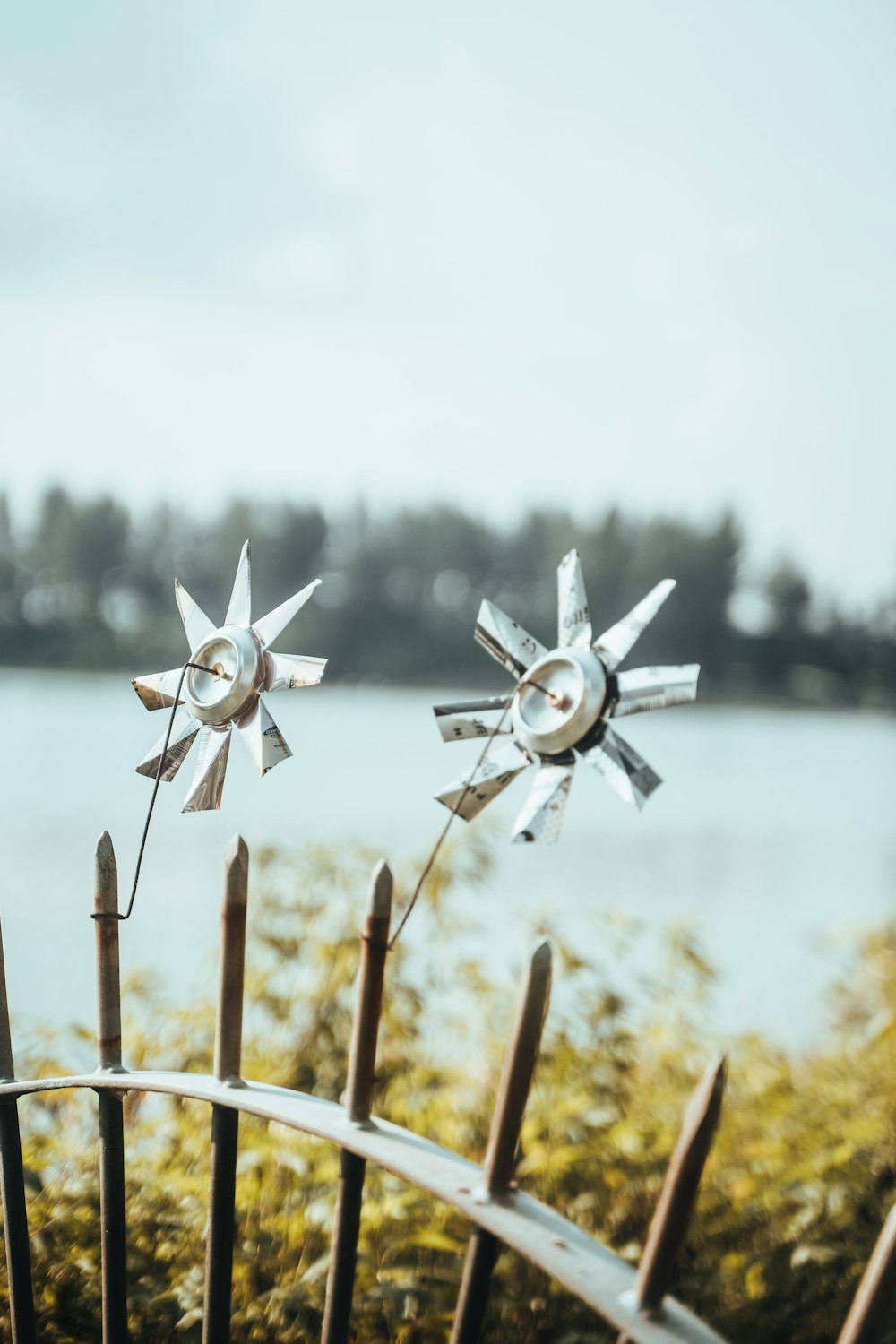 a couple of white windmills