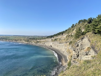 a beach with a body of water