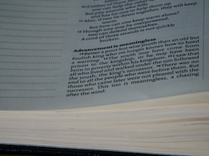 A close-up view of a book opened to a page with text discussing the theme of wisdom and youth. The text is printed in black ink on white paper, with a focus on a paragraph titled 'Advancement is meaningless'.
