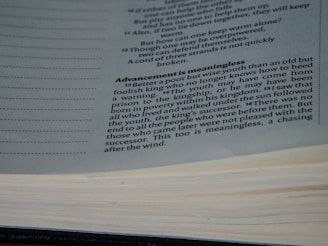 A close-up view of a book opened to a page with text discussing the theme of wisdom and youth. The text is printed in black ink on white paper, with a focus on a paragraph titled 'Advancement is meaningless'.